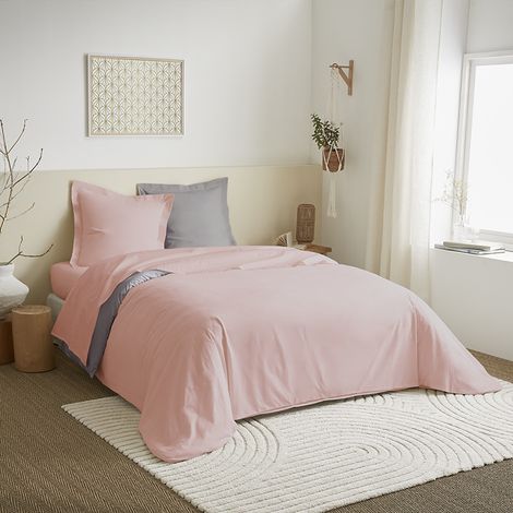 Parure de couette 4 pièces réversible 240 x 220 cm "Rose/Gris" pour lit 140 x 190 cm Coton Pur - - (1/2)