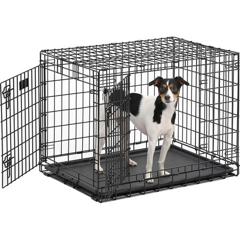 Cage pour chien pliante en métal à double porte avec panneau de séparation, pieds à roulettes protégeant le sol (1/5)