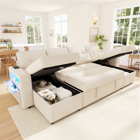 MODFU – Divano letto modulabile a U 4 posti 273x131 cm in ciniglia con 2 chaise longue, vano contenitore, LED, USB, portata 600 kg e 4 colli – Beige (1/5)