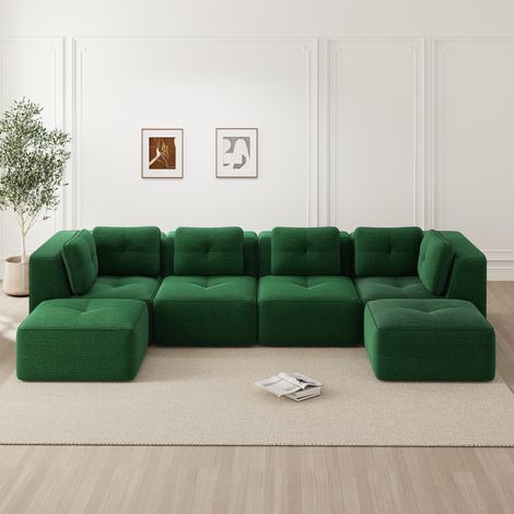 Divano angolare modulare verde in corda vellutata con chaise longue, design antiscivolo e senza montaggio (1/5)