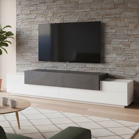 Meuble TV Nico, Buffet bas de salon, Base pour meuble TV, 240x45h52 cm, Blanc brillant et ardoise (1/5)