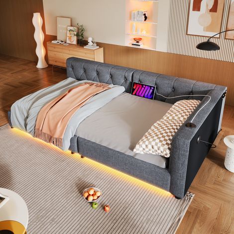Divano letto per bambini 90x200cm, letto imbottito LED, porta USB + Type-C, rete a doghe, senza materasso, lino, grigio (1/5)