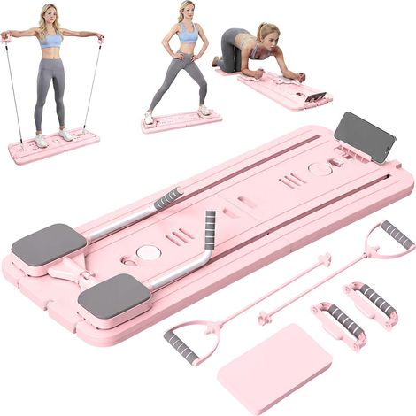 Relaxdays Tabla de pilates, 2 bandas elásticas, 4 asas, colchoneta para rodillas, reformer para casa, color rosa (1/5)