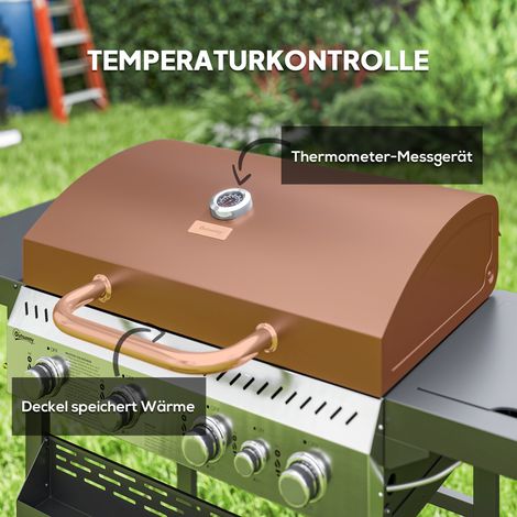 Barbecue gaz, gril de jardin, 4 brûleurs principaux, 1 brûleur latéral, 1 plaque chauffante 135 x 55 x 103 cm, Noir (1/5)