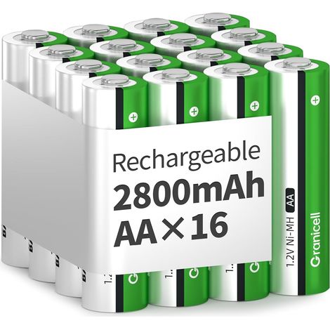 Granicell Lot de 16 piles rechargeables AA - 2800 mAh - Haute capacité - 1500 cycles - 1,2 V NiMH - Faible auto-décharge (1/5)