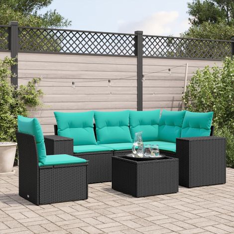 Ensemble de canapé de jardin 6 pièces avec coussins, en polyrotin noir (1/5)