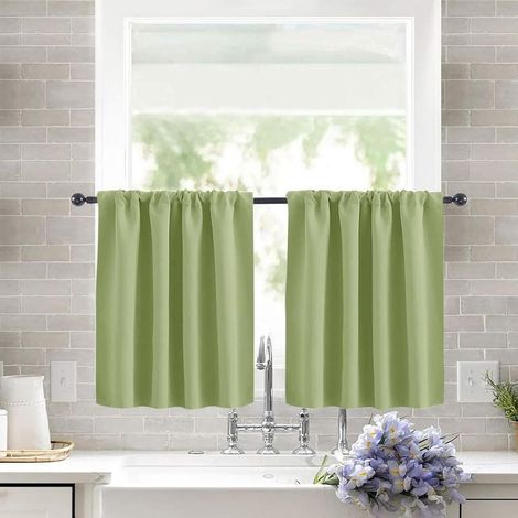 Short, plain blackout curtain with rod pocket, 76x93cm, Set of 2, Green, for kitchen or modern bedroom (1/5)