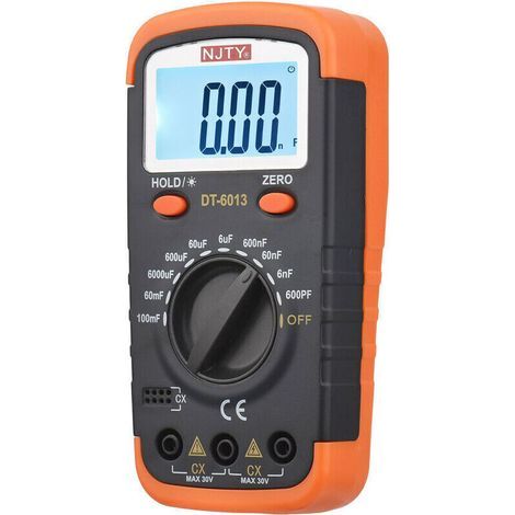 Compteur de capacité numérique avec écran LCD rétroéclairé 600pF à 100mF Kit testeur de condensateur haute précision 6000 points avec pinces crocodiles et fusibles 0,2A (noir et orange) (1/4)