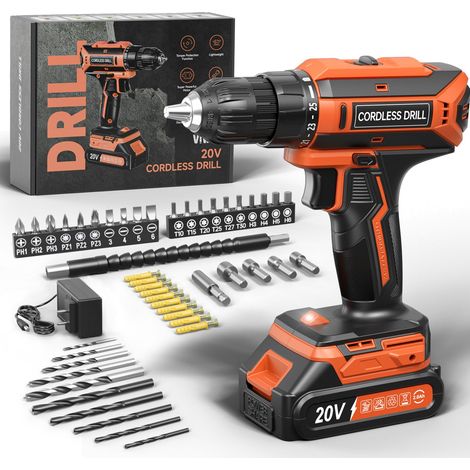 Perceuse Visseuse Sans Fil, 20V Visseuse Devisseuse Sans Fil, 25+1 Réglages de Couple, Perceuse-visseuse Max 42Nm Visseuse, LED, jeu de 56 Accessoires pour l'Entretien et le Bricolage, Orange (1/5)