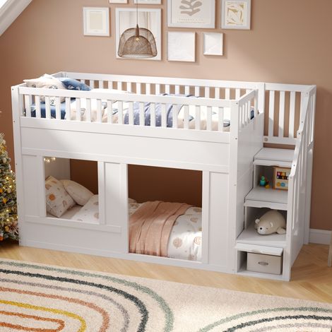 Lit mezzanine enfant 90 x 200 cm avec escalier de rangement, structure bois et MDF, blanc, REDOM (1/5)