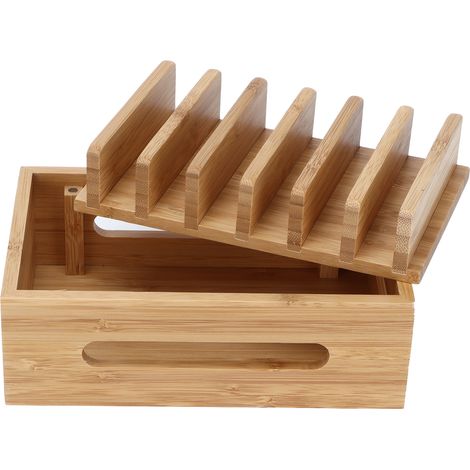 Station d'accueil portable en bambou pour téléphone portable, tablette ou ordinateur portable, avec boîte de rangement pour la maison ou le bureau.