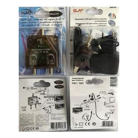 PACK: Amplificateur TV TNT Intérieur 1 ENTREE / 2 Sorties TV À Gain Réglable 15 À 35 DB + alimentation 12V