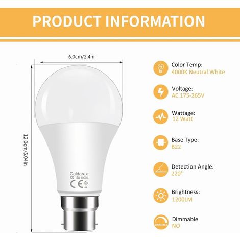 6er-Pack B22 A60 Bajonett-LED-Lampen, 12 W (entspricht 100 W Glühlampe), neutralweiß 4000 K, 1200 lm, 175–265 V Wechselstrom, nicht dimmbar, für die Wohnraumbeleuchtung (1/4)