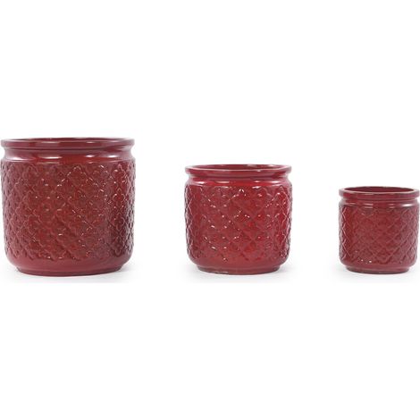Set de 3 maceteros de cerámica esmaltada burdeos con relieve romboidal, Ø 38/30,5/23 cm (1/5)