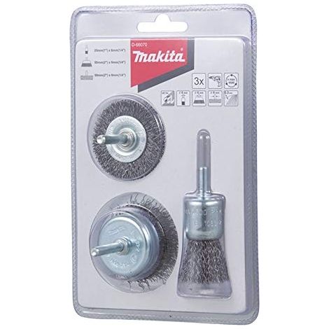 Makita – Set de brosses rondes 3 pièces D66070 – Acier 0,3 mm – Brosse à pinceau 25 mm, brosse à dents 50 mm, brosse ronde 50 mm (1/3)