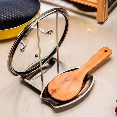 Portacoperchio e portacucchiaio in acciaio inox, facile installazione senza foratura, mantiene pulito il piano di lavoro, acciaio inox