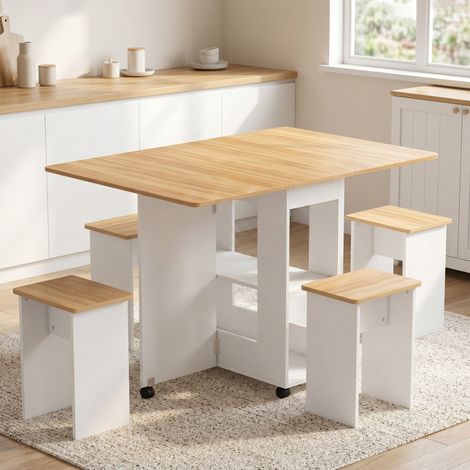 Ensemble table salle à manger pliante avec 4 chaises, table de cuisine avec chaises pour 4 personnes, roulettes, chêne (1/5)
