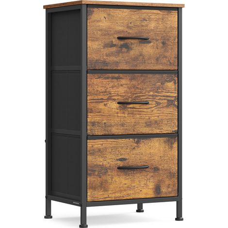 Commode à 3 tiroirs en tissu, acier, MDF, tissu non tissé, pour chambre à coucher, placard, couloir, salon, marron rustique et noir encre (1/5)