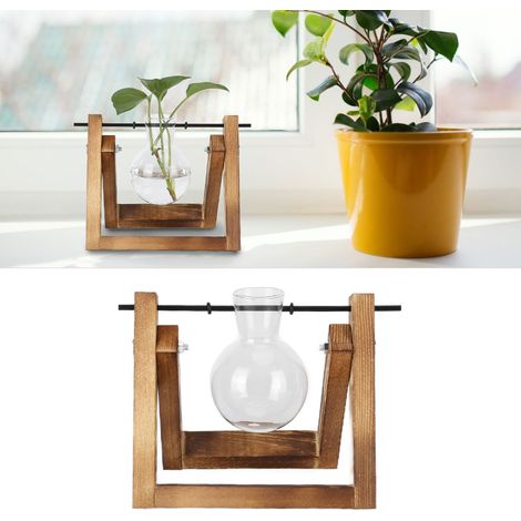 support en bois transparent créatif pour plantes hydroponiques, vase de bureau, contenant frais et simple, décoration moderne pour salon, support rétro + bouteille individuelle (1/5)