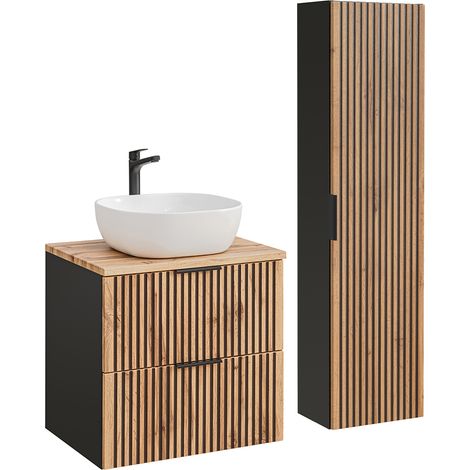 Conjunto mueble lavabo individual 60 cm y columna Gaia Madera y Negro