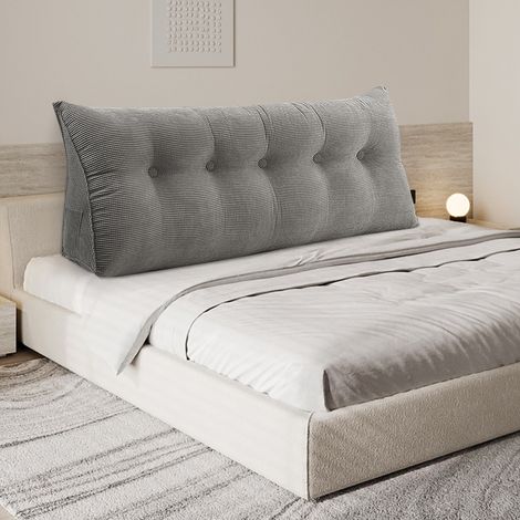 Rückenkissen mit Seitentasche, Keilkissen für Bett und Sofa geeignet, dreieckiges Lesekissen, Kissen mit abnehmbarem und waschbarem Bezug, Rückenstützkissen - Grau 160 x 50 x 20 cm