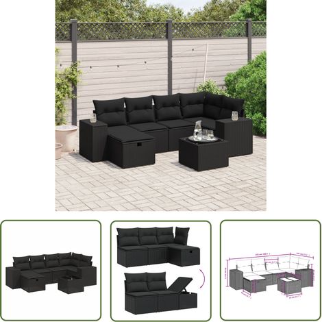 The Living Store Salon de jardin 7 pcs avec coussins noir résine tressée - Ensemble Salon De Jardin - Mobilier De Jardin - Canapé Jardin - Chaise Lounge - Set Salon Exterieur (1/4)