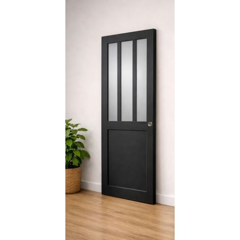 Porta Scorrevole Officina Vetro satinato nero H204 x L73 e 2 Conchiglie