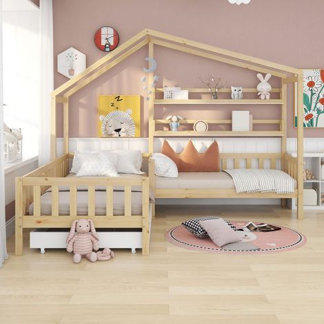 Lit cabane enfant 90 x 200cm+140 x 70cm en bois massif avec tiroirs, étagères et barrière de sécurité (1/5)