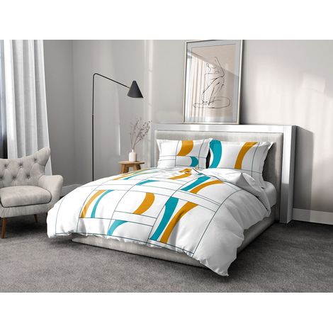 Housse de Couette - 3 Pièces 100% Coton - 57 Fils 2 Personnes - 220x240 cm Atoll Turquoise-Orange (1/3)