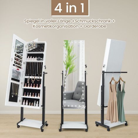 Schmuckschrank mit rollen 4 in 1 spiegelschrank mit 3 farbig led leuchten verstellbarer hohe wei