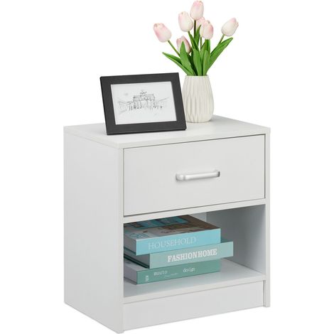 Relaxdays Nachttisch, Schublade, offenes Fach, HBT: 41,5 x 39 x 31 cm, Nachttischschrank Schlafzimmer, Nachtkasten, weiß