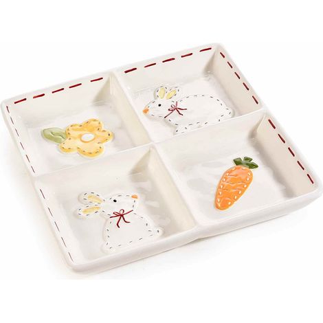 Vassoi di Pasqua in ceramica alimentare con 4 scomparti e decori con coniglietti, margherite e carote in rilievo, set da 2 pezzi, cm 20 x 20 H