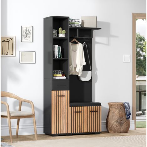 Mueble zapatero de entrada 80 x 35 x 175 cm con 2 ganchos, 2 armarios y banco DESVIAE (1/5)