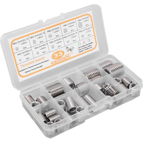 Kit d'assortiment de 33 inserts filetés M8x1,25 en acier inoxydable, manchons de réparation pour écrous réducteurs de filetage