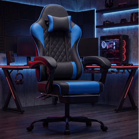 Silla gaming 66x54x121-131 cm de PVC negra y azul con apoyo lumbar para oficina – MEUBLIV (1/5)