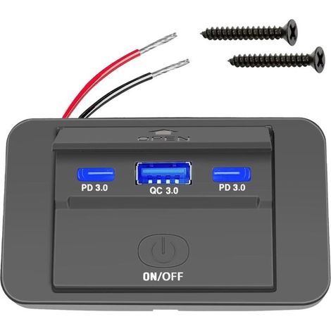 Prise USB pour Camping-Car, Prise USB 12V Montée au Mur, Chargeur Voiture 78W QC3.0 USB, Double PD3.0 Type C Téléphone Portable Charge Rapide étanche pour 12V/ 24V Bateau Camping-Car Voiture (1/5)