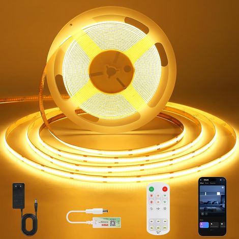 Ruan LED COB Blanc Chaud, Bande LED Dimmable avec Smart App et Telecommande, Fonction Minuterie, Largeur 8 mm, Ruban led 5m pour Chambre, Mural, Cuisine, Salon, 2700K (1/5)