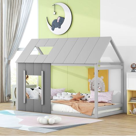 MEUBLIV Kinderbett 90x200 cm Grau – Hausform mit Fenster, ohne Matratze (1/5)