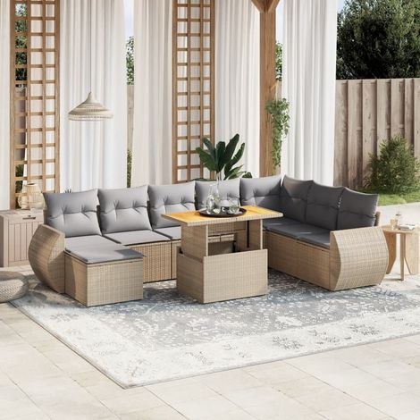 vidaXL 9-tlg. Garten-Sofagarnitur mit Kissen Beige Poly Rattan (1/3)