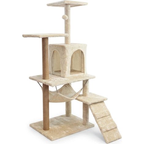Rascador para gatos, casita con juguete, alto, 6 niveles, cama, Comfort Line beige