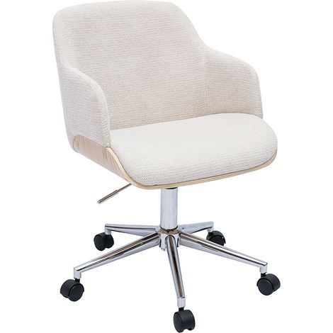 Sedia da ufficio con rotelle in tessuto di velluto beige, legno chiaro e metallo cromato EARL