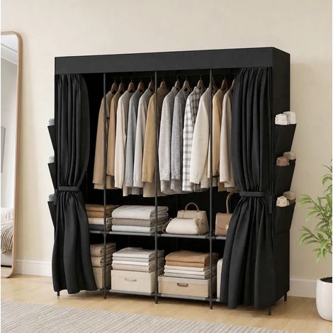 Armadio in tessuto nero 170x45x167 cm, 5 barre e 4 ripiani, chiusura a tendina, montaggio senza attrezzi (1/5)