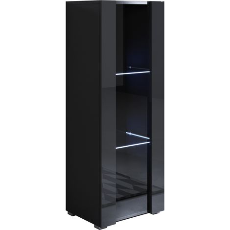 Muebles Bonitos – Vitrine avec pieds 2 cm – 1 porte – 3 compartiments – Dimensions 40 x 128 x 29 cm – Éclairage LED bleu – Finition mélamine brillante