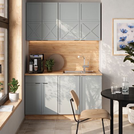 Cuisine Fame-Line, Bleu clair-gris/chêne force d'or, 140 cm sans plan de travail, Vicco
