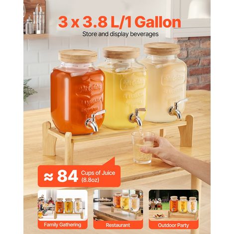 Distributeur de Boissons Capacité de 3,8 L 3PCs, Fontaine à Eau en Verre, Distribution d’Eau Jus Limonade Thé Glacé, avec Support en Bois, Robinet et Infuseur, pour Restaurant Café Hôtel Fête (1/5)