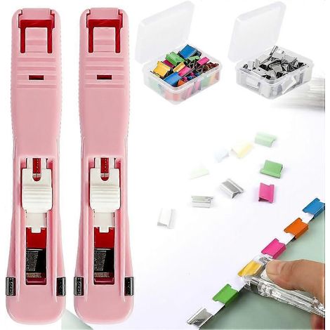 Agrafeuse portable à pinces à reliure, lot de 2 distributeurs de trombones réutilisable avec 100 recharges métalliques roses (1/5)