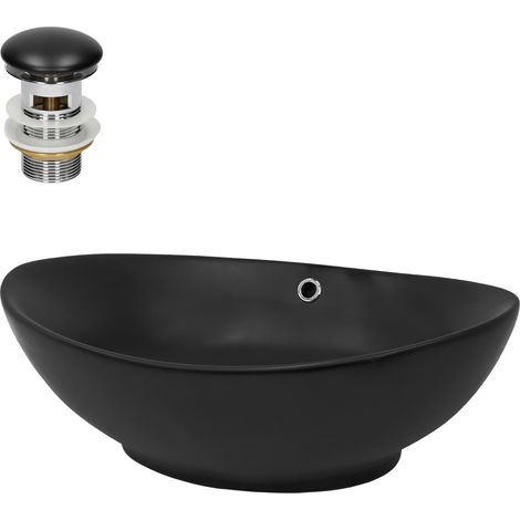 ML-Design Lavabo en Céramique Noir Mat, 59x38x19 cm, Vasque à Poser Ovale, Moderne, Cuvette avec Bouchon de Vidange et Trop-Plein Inclus, Lave-Mains de Comptoir Élégant, Évier pour Salle de Bain/WC (1/5)