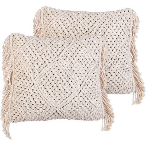 Conjunto de 2 cojines de algodón con relleno macramé patrón boho retro flecos 45 x 45 cm beige Besham