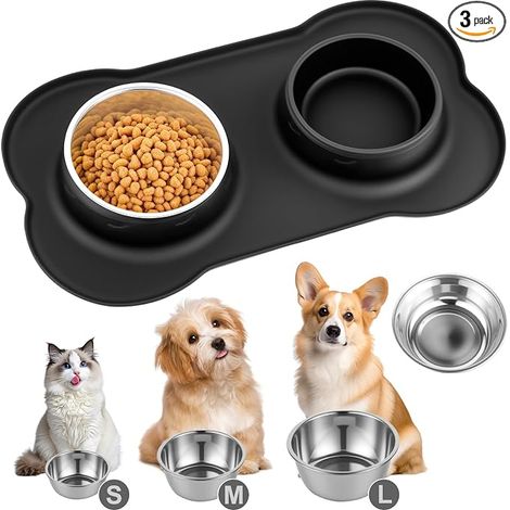 Stainless Steel Cat Bowl Mat, 2 Pieces Non-Slip Stainless Steel Dog and Cat Bowl, Double Water Bowls with Silicone Anti-Splash Dog Bowl Mat (49 x 11 cm) L