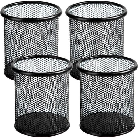 Porte-crayons en treillis métallique, 4 paquets, tasse à stylos en métal, étui de rangement de stylos de bureau, pot à crayons noir pour le bureau et la maison (noir)